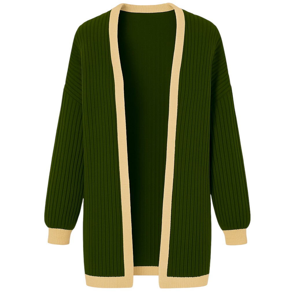 Ladies Italian edge to edge knitted cardigan in olive green with gold trim, soft ribbed knit open front cardigan for women, stylish lightweight layering knitwear.